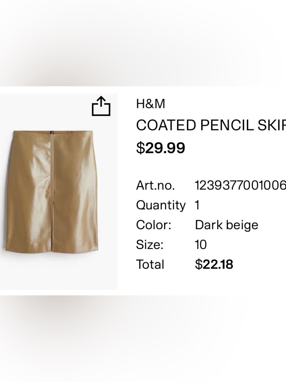 H&M Dark Beige Coated Pencil Skirt